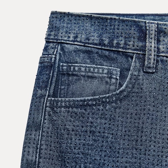 Zara ZW Collection Bootcut High Waist Rhinestone Sparkly Jeans Blue 2449/252 NWT - Picture 9 of 11